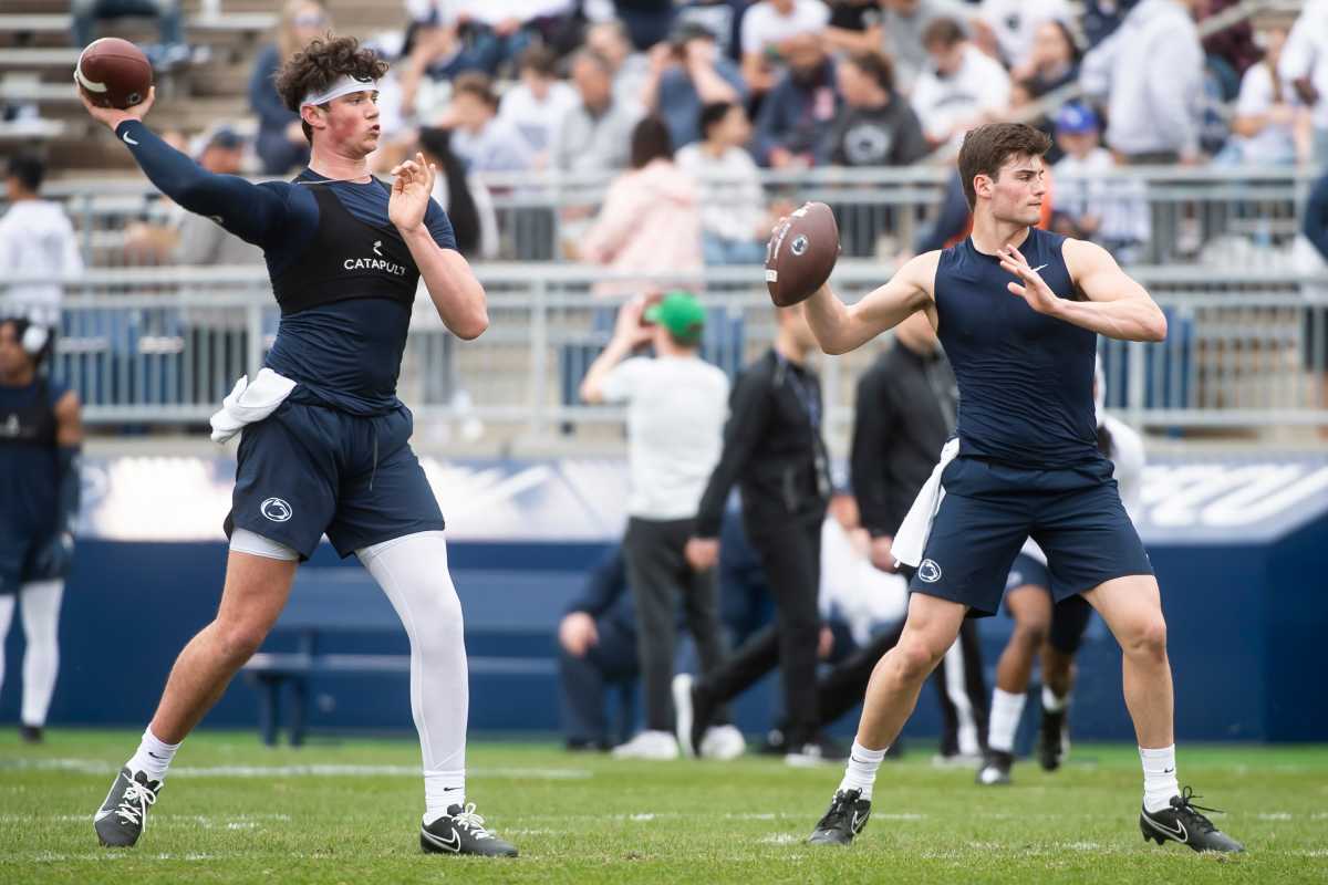Penn State quarterbacks Drew Allar and Beau Pribula throw during pregame drills.